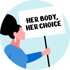 Ikon, kvinna som håller i en skylt med texten "Her body, her choice".