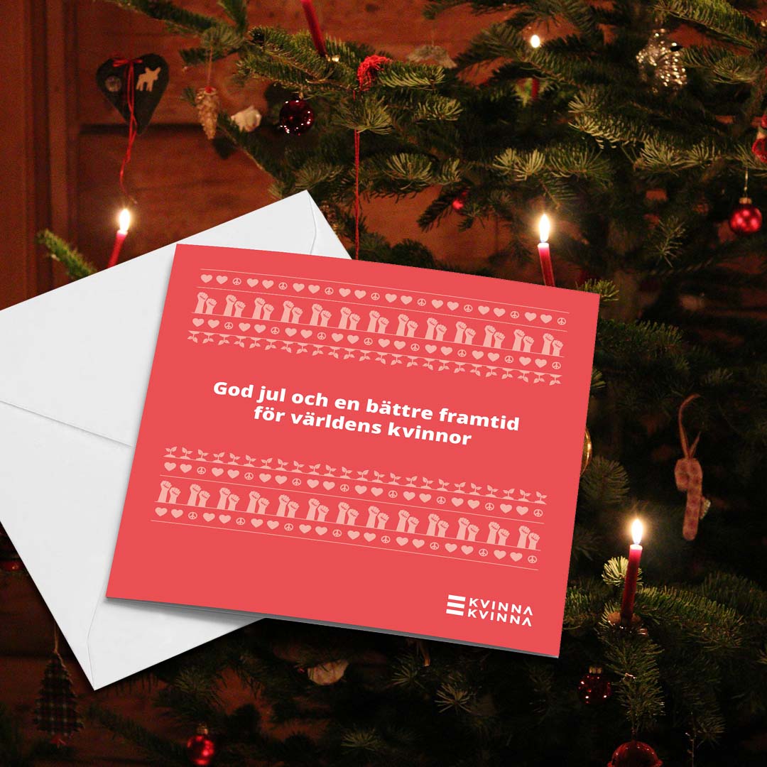 Fysiskt julgåvokort med texten "God jul och en bättre framtid för världens kvinnor".