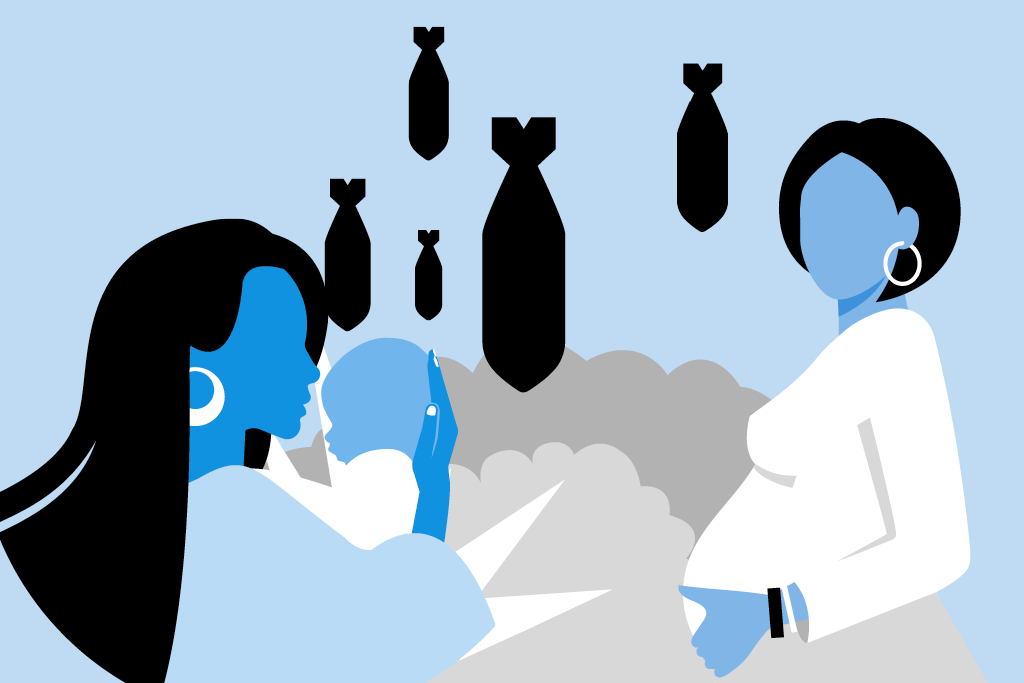 Illustration, kvinna med barn i famnen, gravid kvinna samt bomber som faller i bakgrunden.